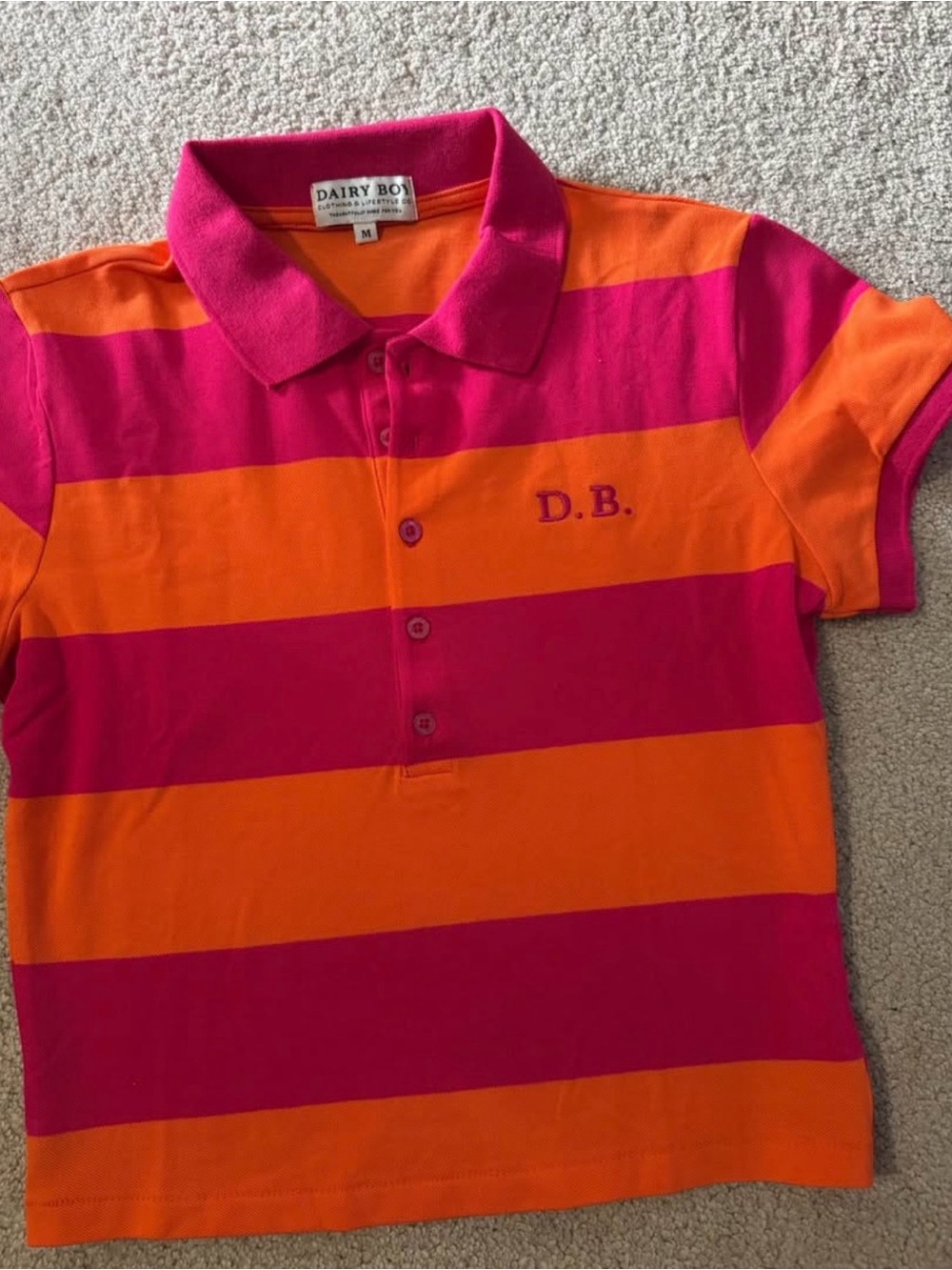 Dairy Boy Pink & Orange Striped Polo Tee - Women